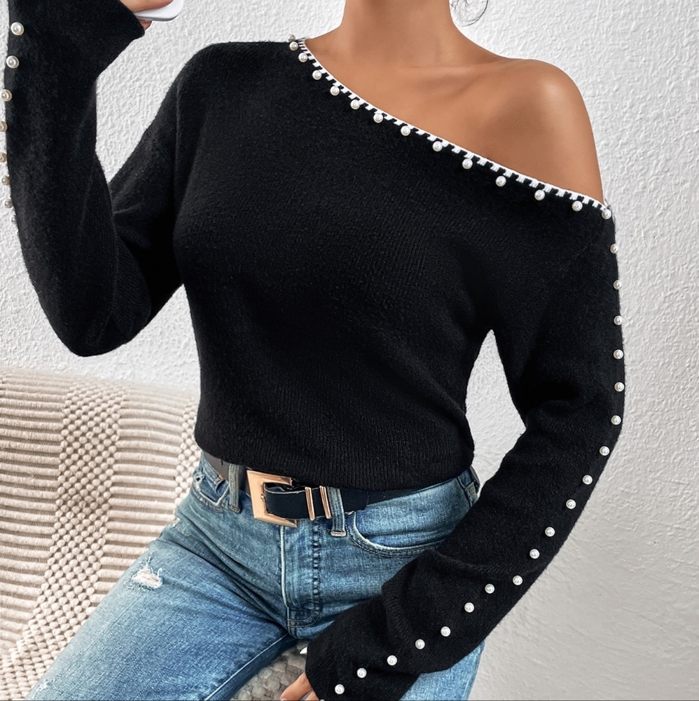 Beaded Asymmetrical Neck Sweater - Picture 4 of 5